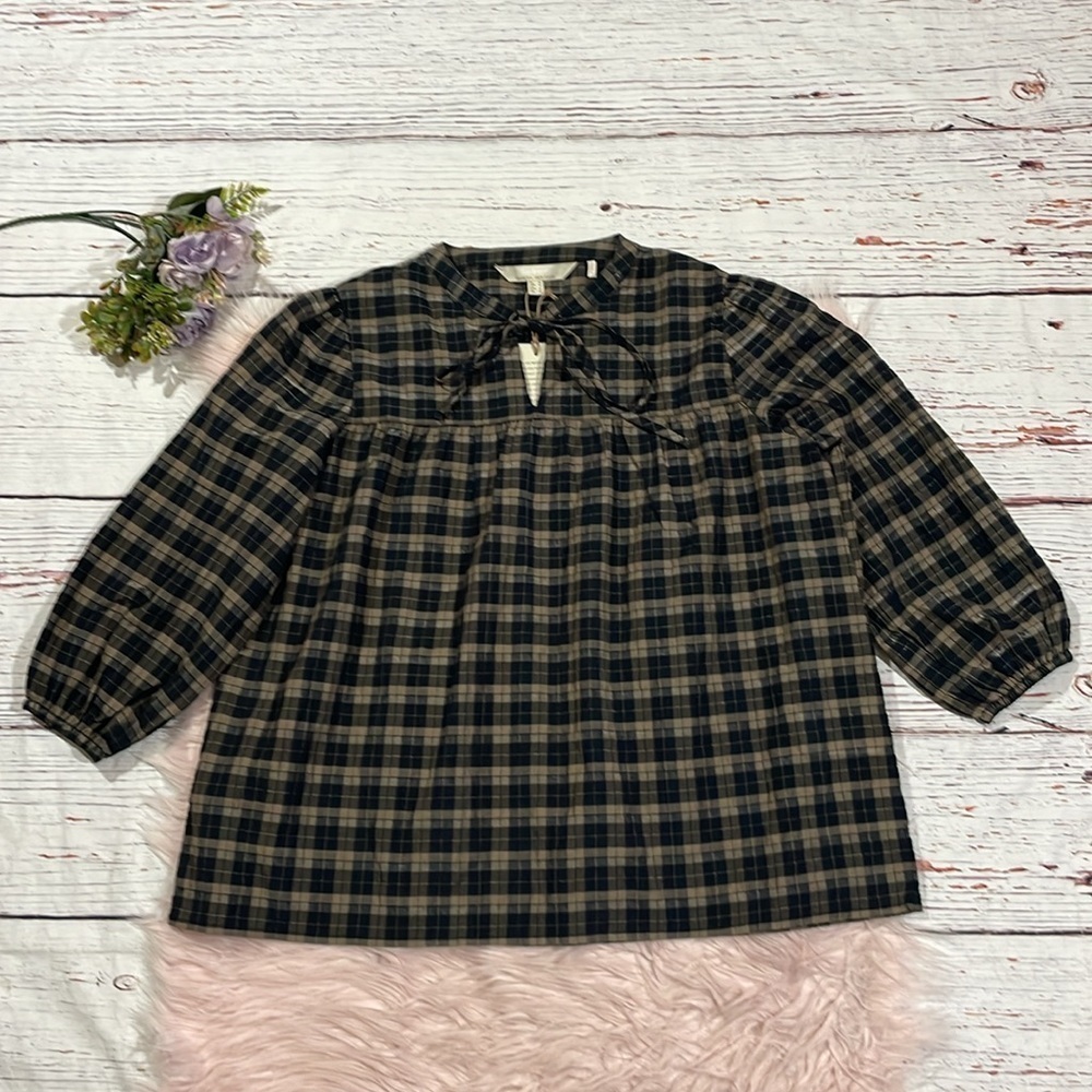 NWT Barbour Lorelie Praline Plaid Tie Front Blouse